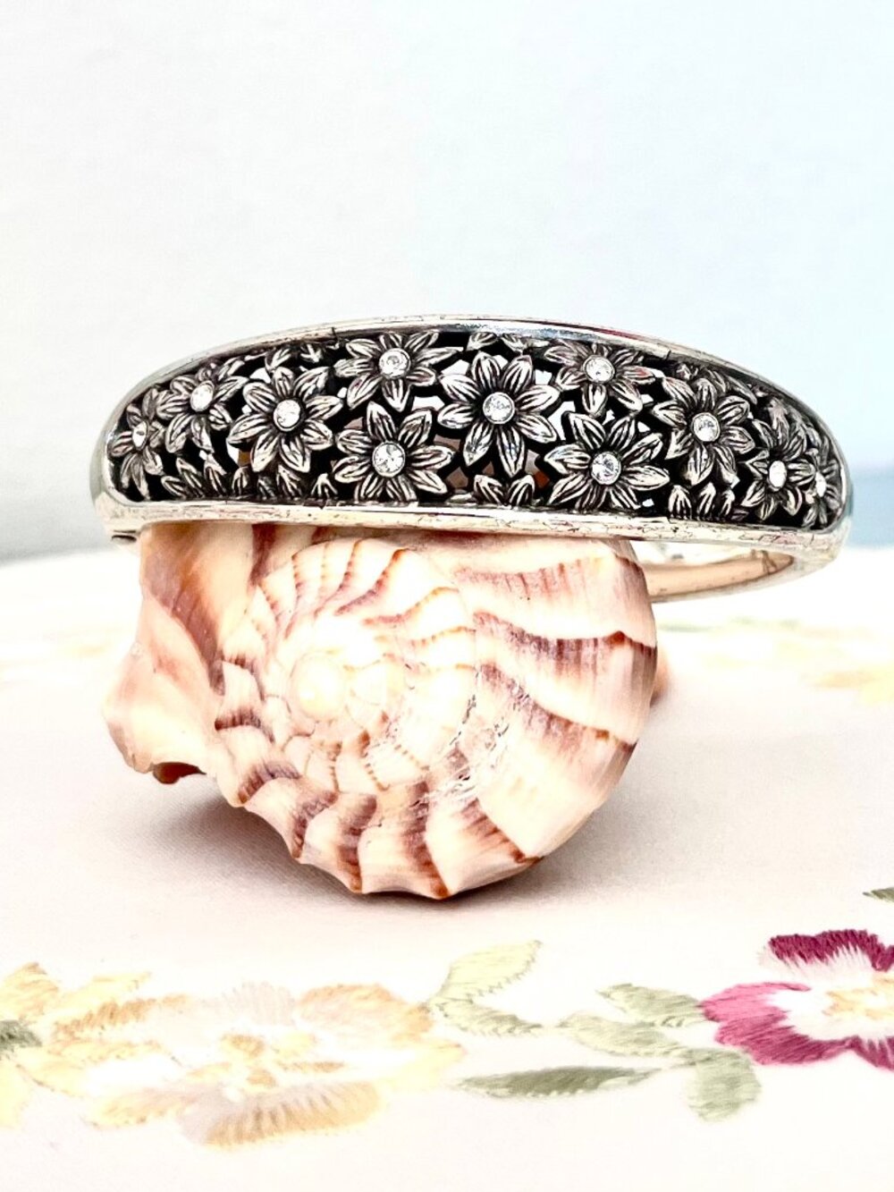 RARE Brighton Silver Plated Flower & Crystal Hinged Bangle